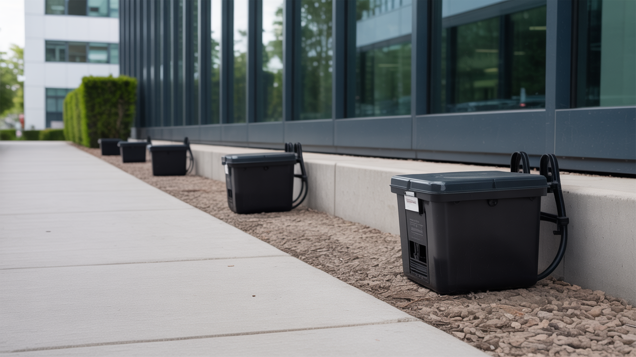 Commercial rodent control bait stations on building exterior