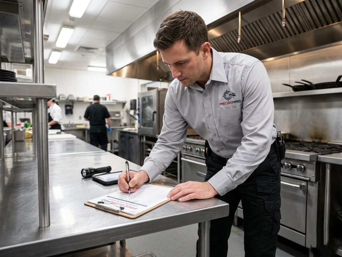 Pest control technician documenting inspection on tablet